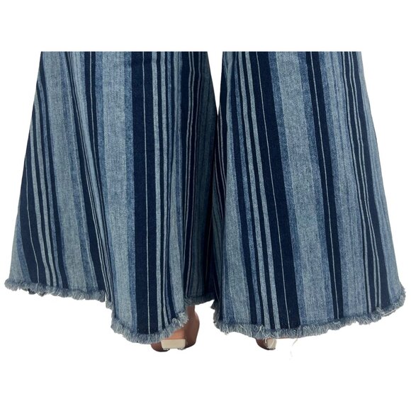 RARE NWT Free People Blue Stripe Super Flare Bell Bottom Jeans Boho Hippie Retro - Picture 11 of 16